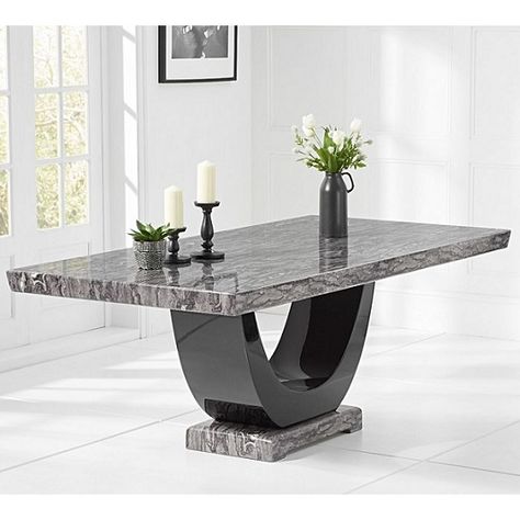 Allie Marble Dining Table Rectangular In Dark Grey And Black Grey Marble Dining Table, Dark Grey Marble, Marble Furniture, Dining Room Spaces, Marble Dining Table, Faux Leather Dining Chairs, Large Dining Table, Wood Pedestal, Dining Table With Bench