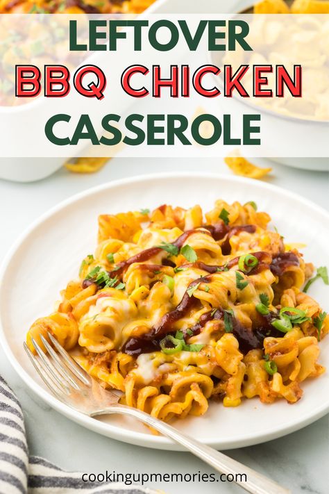 Leftover BBQ Chicken Casserole combines leftover BBQ chicken with pasta, corn, diced tomatoes, sour cream, and cheese. It's finished with a drizzle of BBQ Sauce, green onions, and a sprinkle of cilantro. Barbecue Chicken Leftovers Recipe, Recipes With Bbq Chicken Leftovers, What To Do With Leftover Shredded Bbq Chicken, Recipes For Leftover Bbq Chicken, What To Do With Leftover Bbq Chicken, Leftover Chicken Legs Recipes, Leftover Barbecue Chicken Recipes, Bbq Chicken Casserole Recipes, Barbecue Chicken Casserole