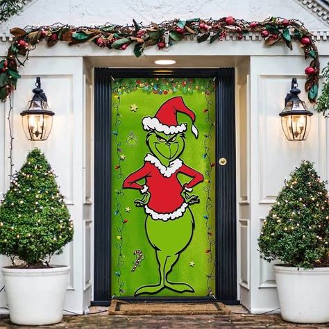 Christmas Door Cover, Grinch Decorations, Front Door Christmas Decorations, Grinch Christmas Decorations, Merry Christmas Background, Special Christmas Gift, Green Backdrops, Door Cover, Christmas Room