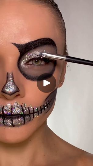 Skeleton Bride Makeup, Glam Skull Makeup, Glitter Skeleton, Bling Skull Makeup, Skeleton Makeup Glitter, Glitter Skeleton Makeup, Glam Skeleton Makeup Half Face, Glam Skull, Skeleton Face