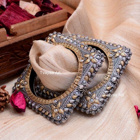 Dual tone rajwadi openable bangles set oxidized women tribal traditional handcrafted pearls studded vintage jewelry. Single Bangle, Kada Bangles, Oxidised Jewellery, Indo Western, Bangle Set, Wedding Bracelet, Square Design, Polished Look, Western Wear