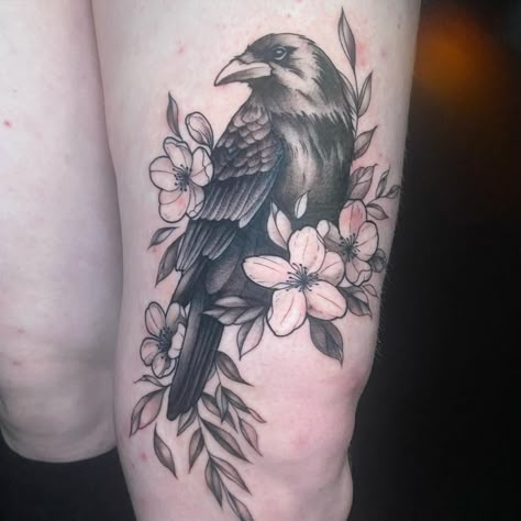 Rose And Crow Tattoo, Raven Tattoo Flowers, Flower Raven Tattoo, Tattoo Ideas Female Black And Grey, Raven And Cherry Blossom Tattoo, Crow Tattoo With Flowers, Raven Hip Tattoo, Floral Raven Tattoo, Crow Flower Tattoo