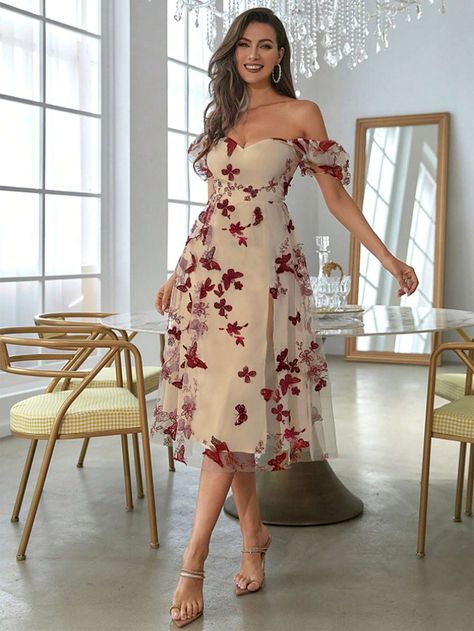 Double Crazy Off Shoulder Butterfly Embroidery Mesh Overlay Dress | SHEIN Off Shoulder Long Dress, Dress Ootd, Mesh Overlay Dress, Butterfly Embroidery, Off Shoulder Fashion, Outfit Dress, Split Dress, Mesh Skirt, Types Of Skirts