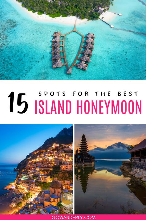 15 island honeymoon destinations for a romantic getaway, including tropical and beach spots. Honeymoon In Florida, Honeymoon Europe Destinations, Tropical Honeymoon Destinations, Island Honeymoon, Island To Visit, Holbox Island, Tropical Honeymoon, Europe Honeymoon, Honeymoon Destination Ideas