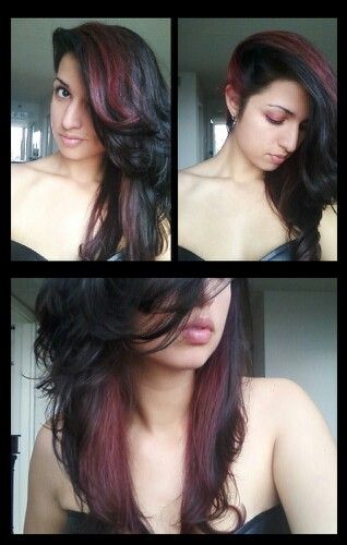 Black hair with red|plum peekaboo highlights Black Red Hair, Hair Highlight, Peekaboo Highlights, Plum Hair, Fancy Hair, Awesome Hair, Trendy Hair Color, Dye My Hair, Hair Color Balayage