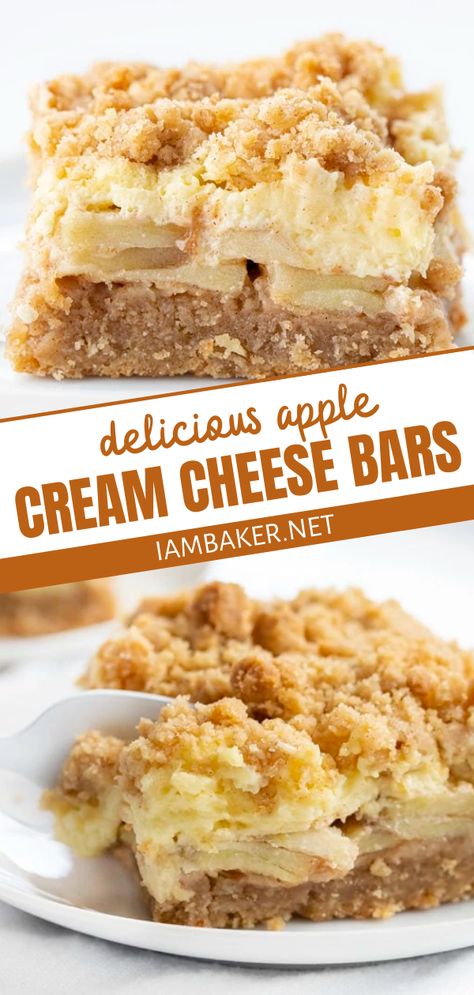 Apple Cream Cheese Bars, Cheese Bars Recipe, Apple Bar Recipes, Cream Cheese Bars Recipe, Thanksgiving Desserts Apple, Apple Crisp Cheesecake, Dessert Nachos, Oatmeal Crumble, Cheese Bars