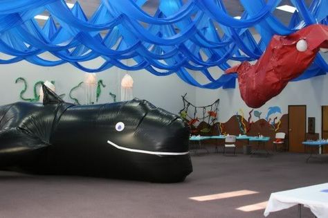 Jonah and the Whale VBS Theme-Decorate your room like an ocean and add your whale. Draped Ceiling, Deep Sea Discovery Vbs, Ocean Commotion Vbs, Vbs Ocean Theme, Jungle Vbs, Submerged Vbs, Ocean Vbs, Lifeway Vbs, Ocean Classroom