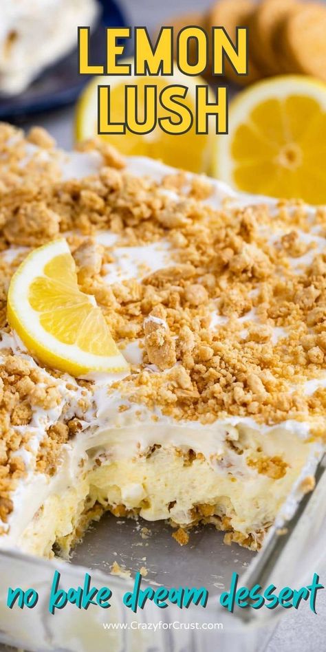 Jello Cheesecake Pudding Recipes, Cheesecake Pudding Recipes, Lemon Lush Dessert Recipe, Golden Oreo Crust, Lemon Lasagna, Lemon Lush Dessert, Jello Cheesecake, Lemon Icebox Cake, Lush Dessert