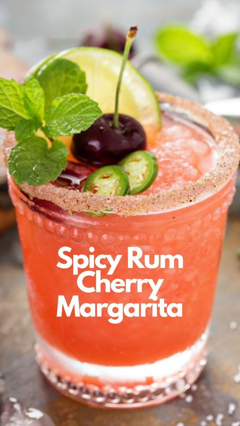 This sweet and spicy cocktail swaps smokey tequila for spicy Bacardi Superior rum. You combine rum, orange liqueur, and cherry simple syrup with lime juice. If you don’t want to make simple syrup, you can use maraschino cherry syrup instead. #SpicyRumCherryMargarita Spicy Rum Cocktails, Sweet And Spicy Cocktail, Cherry Simple Syrup, Grand Marnier Drinks, Bacardi Superior, Alcohol Punch, Dark Rum Cocktails, Cherry Margarita, Poolside Drinks