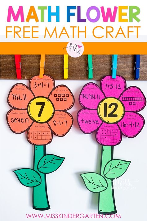 This free math flower craft is the perfect addition to your classroom this spring! This is a great way to assess if your students are learning their numbers, ten frames, place value and more, in a FUN way! Find this free craft on my blog! Math Flowers, Flower Math, Miss Kindergarten, Math Fluency, Spring Math, Math Crafts, Kindergarten Math Activities, Flower Craft, Ten Frames