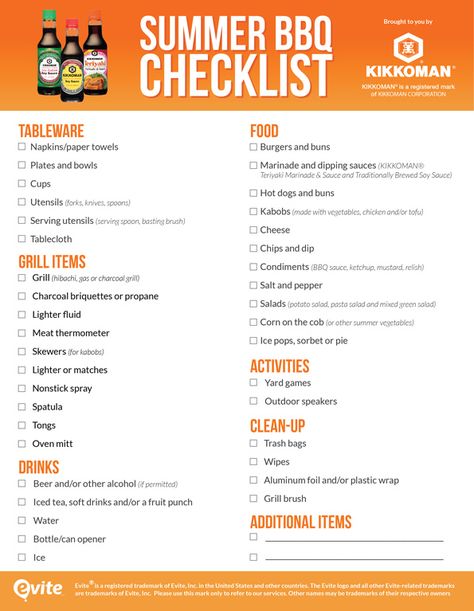 Summer BBQ Shopping List by Evite for Kikkoman Bbq Checklist, Bbq Food List, Bbq List, Bbq Party Ideas, Cookout Party, Backyard Bbq Party, Barbeque Party, Party Planning Checklist, Party Checklist