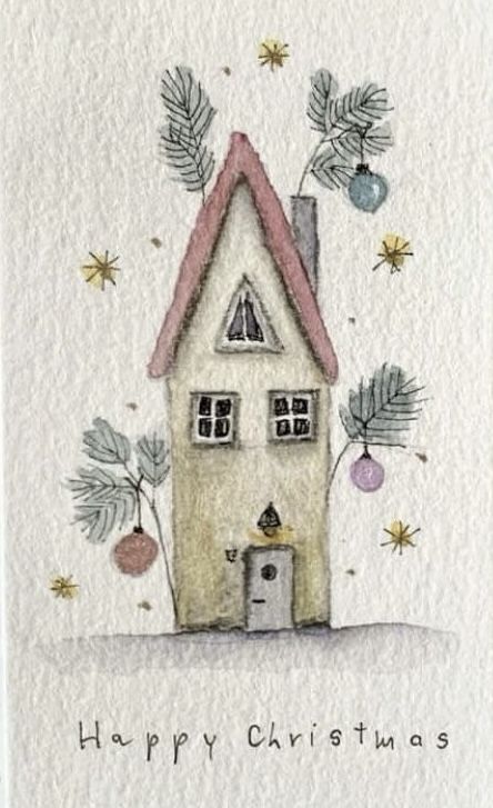 Fine Point Marker Drawings, Cute Watercolour Christmas Card, Winter Houses Drawings, Water Colour Christmas Painting, New House Watercolour Card, Watercolour Inspiration Christmas, Watercolours Christmas Cards, Watercolour Painting Christmas, Watercolour Christmas Cards Diy