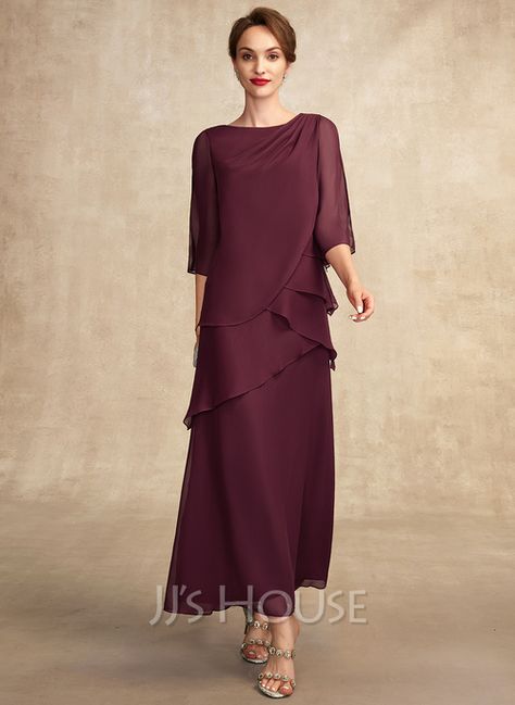 A-Line Scoop Ankle-Length Chiffon Mother of the Bride Dress With Pleated (008273280) - JJ's House Simple Winter Mother Of The Bride Dresses, Casual Long Mother Of The Bride Dresses, Fall Mother Of The Bride Ankle Dresses, Mother Of The Groom Dresses Over 50 Apple Shaped, Mother Of The Bride Dresses Comfortable, Mother Of The Bride Dresses Winter Summer, Grandmother Of The Bride Dresses Grandmothers, 80s Mother Of The Bride Dresses, Audrey Hepburn Mother Of The Bride Dress