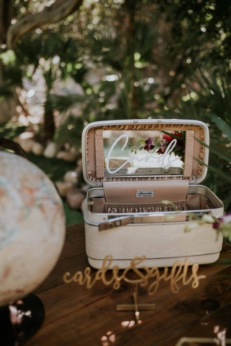 Luggage Card Box Wedding, Creative Wedding Card Box Ideas, Suitcase Card Box Wedding, Suitcase Card Box, Music Lovers Wedding, Vintage Suitcase Wedding, Wedding Guest Book Table, Elopement Party, Vintage Wedding Cards