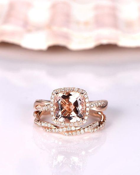 Morganite Ring Set Diamond Wedding Band Twisted Diamond Ring Solid 14k 18k Rose Gold - BBBGEM Twisted Diamond Ring, Infinity Band Ring, Morganite Ring Set, Pink Wedding Rings, Pink Morganite Ring, Morganite Engagement Ring Set, Rose Gold Morganite, Solitaire Rings, Diamond Wedding Rings Sets