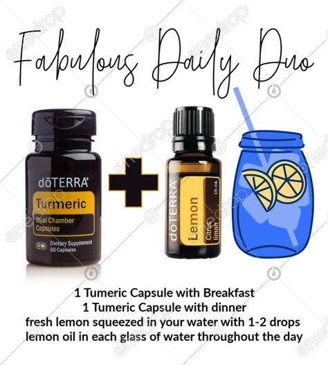 Doterra Turmeric Capsules, Doterra Turmeric, Turmeric Capsules, Doterra Essential Oils Recipes, Doterra Wellness Advocate, Lemon Oil, Doterra Oils, Oil Water, Oil Blends