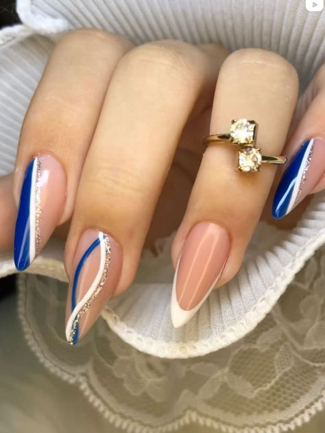 royal blue nails: with white swirls Lilac Nails Design, Blue And White Nails, Royal Blue Nails, Lilac Nails, Blue Acrylic Nails, Simple Acrylic Nails, Casual Nails, Almond Acrylic Nails, Prom Nails