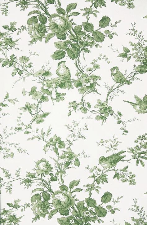 Green Toile Wallpaper, Wallpaper With Birds, Floral Wallpaper Bedroom, Wallpaper Rose, Toile Wallpaper, Floral Toile, Green Country, Wallpaper Accent Wall, Decor Wallpaper