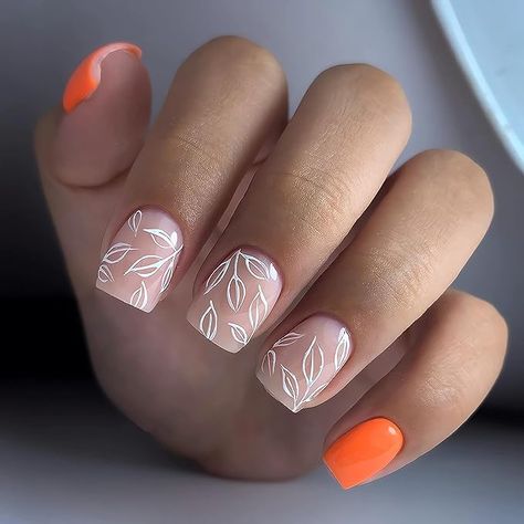 Bright Fall Nails, Press On Nails Square, Squoval Nails, Short Press On Nails, Leaf Designs, Nails Square, Glitter Glue, False Nail, Nail Glue