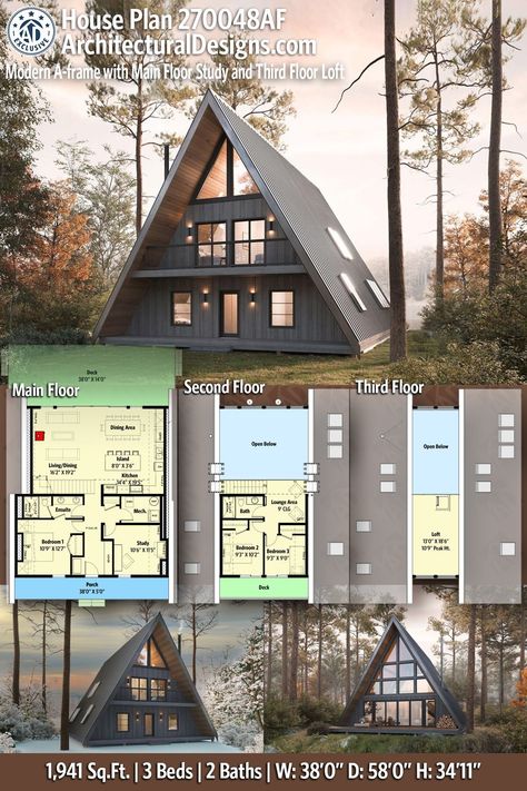 Modern A-Frame House Plan 270048AF gives you just under 2000 Sq Ft with 3 beds and 2 baths. Frame House Plans, Rustic Remodel, Modern Victorian Style, Modern A Frame, A Frame Cabin Plans, Loft Plan, A Frame Cabins, A Frame House Plans, Cabin Floor Plans