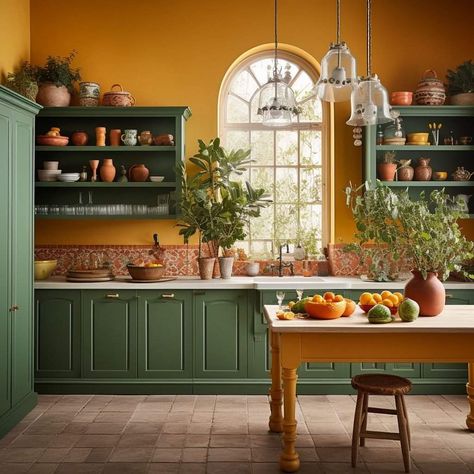 Terra Cotta Kitchen, Colorful Boho Kitchen, Green Country Kitchen, Best Greige Paint, Best Greige, Yellow Kitchen Designs, Kitchen Open Shelves, Vibrant Kitchen, Greige Paint