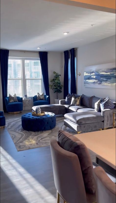 Navy Blue And Grey Living Room Furniture, Royal Blue Gray And White Living Room, Royal Blue And Gray Living Room Ideas, Royal Blue Accents Living Room, White Blue And Gold Living Room, Living Room Decor Royal Blue, Navy Blue Inspired Living Room, Black And Blue Room Decor, Blue Grey Black Gold Living Room