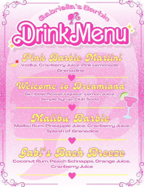 Pink bachelorette Barbie inspired drink menu Drink Mixers For Party, Bachelorette Drink Ideas Cocktails, Y2k Drink Ideas, 2000s Themed Cocktails, Cocktail Recipes Bachelorette, Barbie Inspired Drinks, Barbie Themed Drinks, Barbie Cocktail Drink, Signature Drinks For Party