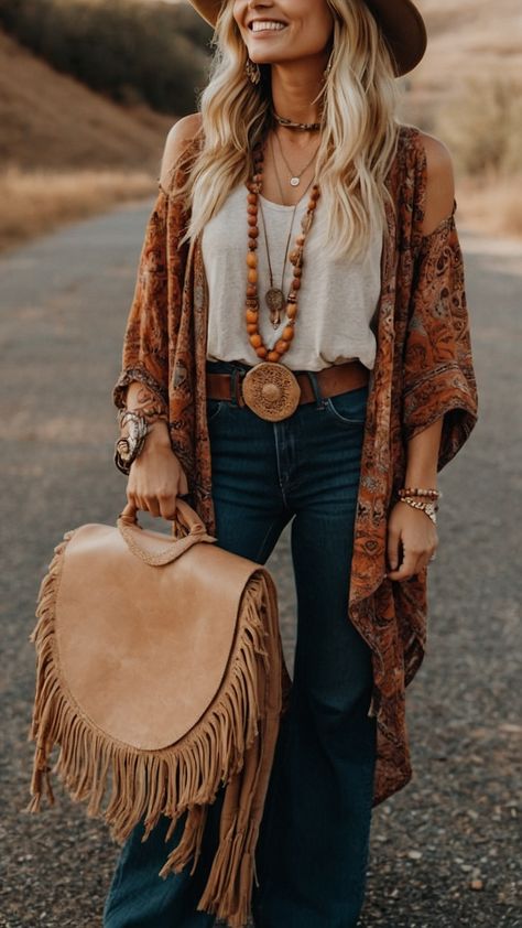 Country Boho Fashion, Boho Two Piece Outfit, Boho Outfits Ideas, 2024 Fall Outfit Ideas, Boho Inspo Outfit, Boho 2024 Fashion, Boho Western Outfits Plus Size, Boho Outfits Jeans, Women Western Outfits Casual