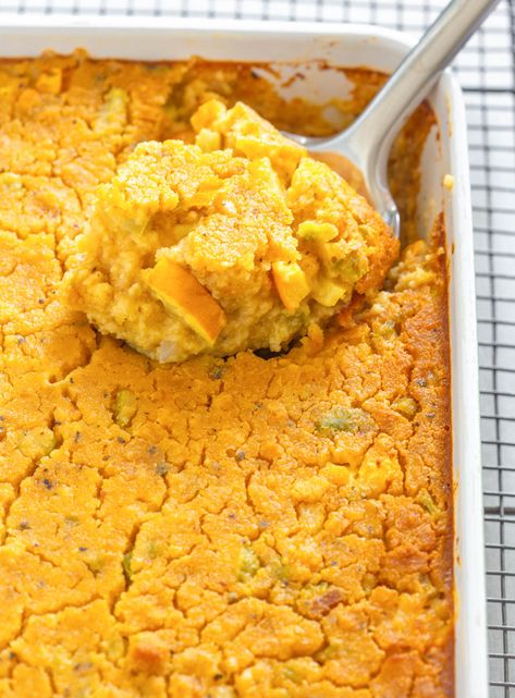 This Easy Southern Squash Dressing recipe is a cornbread casserole made with chicken soup, yellow or butternut squash, celery, and green peppers. Serve this for Sunday dinners, Thanksgiving, and throughout the holiday season. Squash Dressing Recipe Paula Deen, Squash Dressing With Jiffy Cornbread, Squash Dressing Cornbread, Squash Dressing Recipe, Squash Cornbread, Panko Bread Crumbs Recipe, Stove Top Cornbread, Southern Squash, Squash Dressing