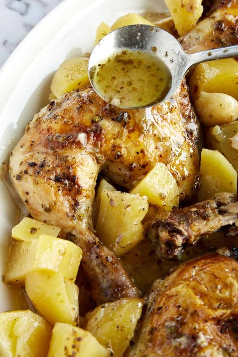 Chicken With Potatoes, Greek Chicken Legs Recipes, Lemon Chicken Legs In The Oven, Authentic Greek Chicken, Greek Chicken Leg Quarters, Chicken And Potatoes In Oven, Chicken Leg Recipe, Chicken Thigh And Potato Recipe, Food Dolls Recipes