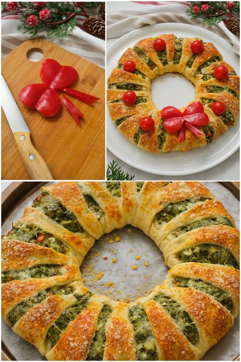 Spinach Dip Crescent Wreath is a show-stopping appetizer with flaky pastry that envelops a cheesy, savory spinach dip--so irresistibly good! Appetizer Wreath Christmas, Crescent Roll Wreath, Puff Pastry Wreath, Christmas Wreath Appetizer, Christmas Wresth, Wreath Appetizer, Crescent Rings, Crescent Ring Recipes, Crescent Wreath