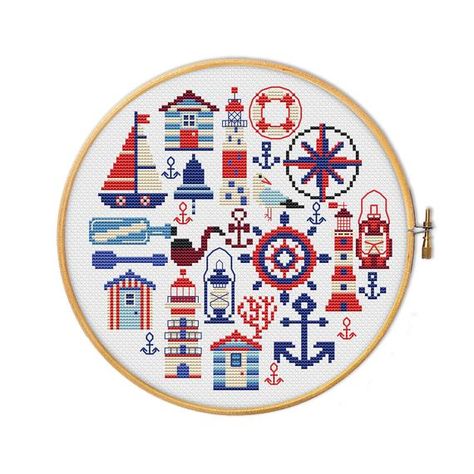 Ship Cross Stitch, Lighthouse Embroidery, Round Cross Stitch, Nautical Embroidery, Fantasy Pattern, Cross Stitch Sea, Autumn Cross Stitch Patterns, Sampler Cross Stitch, Baby Cross