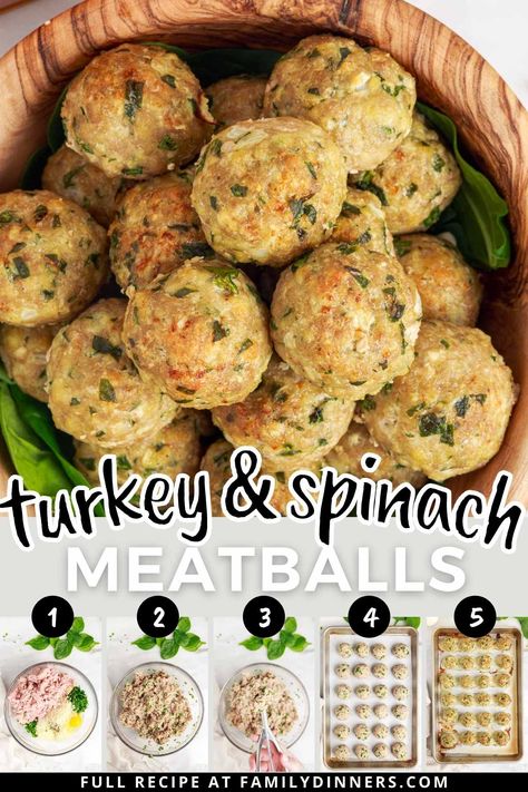 Easy and delicious turkey meatballs recipe. These healthy meatballs are make with turkey, spinach, onions and spices. Ground turkey meatballs are great as appetizers, in spaghetti, pesto pasta, meatball subs, meatball bombs or any recipe you'd use with meatballs. Turkey and spinach meatballs are quick to make with ground turkey. Turkey And Kale Meatballs, Low Carb Ground Turkey Meatballs, Optavia Turkey Meatballs Recipe, Ground Turkey And Onion Recipes, Ground Turkey Spinach Meatballs, How To Make Ground Turkey Meatballs, What Can I Make With Ground Turkey Meat, Keto Ground Turkey Meatballs, Spinach And Ground Turkey Recipes