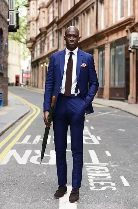 18 Best Outfit Ideas for Black Men Fashion Tips Man Blue Suit, Blue Suit Brown Shoes, Blue Suit Wedding, Vest And Tie, Navy Blue Suit, Monk Strap Shoes, Mens Style Guide, Navy Suit, Groom Wear