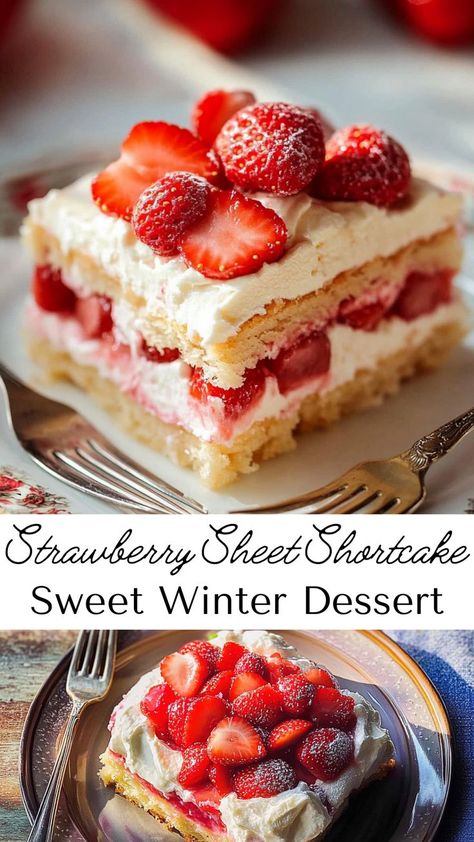 Indulge in this Strawberry Sheet Shortcake, a must-try for winter dinner recipes and Friendsgiving food ideas. Its light, fruity layers bring a refreshing twist to any festive gathering or winter dessert table! Unique Strawberry Shortcake, Strawberry Shortcake With Frozen Strawberries, Longhorn Strawberry Shortcake Recipe, Simple Strawberry Shortcake Recipe, Fresh Strawberry Shortcake Recipes, Sheet Pan Strawberry Shortcake, Fruity Desserts Winter, Desserts With Frozen Strawberries, Strawberry Christmas Dessert