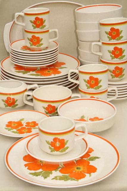 vintage Lenox stoneware dinnerware set, fire flower mod orange flowers, 60s Vera style Vintage Dish Set, Retro Dishware, Retro Dinnerware, Vintage Stoneware Dinnerware, 70s Dishware, Vintage Dinnerware Set, 70s Crockery, 80s Dishware, Retro Dishes