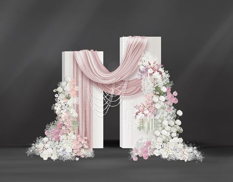 Gloria YYS :: Behance Pearl Wedding Decorations Receptions, White Pink Wedding Decoration, Indoor Wedding Backdrop Ideas, White And Pink Wedding Decor, Floral Backdrop Ideas, Wedding Photo Area, Timeless Elegance Wedding, Wedding Decor Backdrop, White Pink Wedding