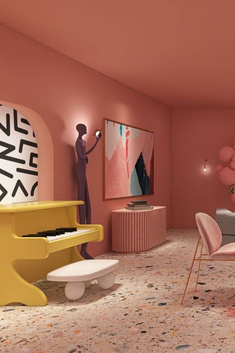 Post Modernism Interior Design, Crazy Interior Design Creative, Funk Interior Design, Surrealism Interior Design, Salon Bedroom Ideas, Unique Interior Design Creative, Electric Interior Design, Pastel Interior Design Modern, Surrealism Interior