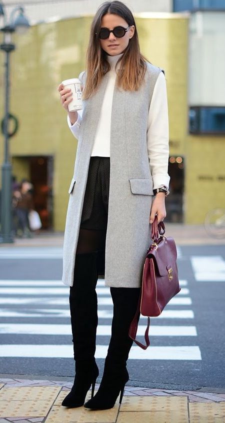 Sleeveless Cardigan Outfit, Sleeveless Blazer Outfit, Long Vest Outfit, Long Sleeveless Cardigan, Outfit Grey, Long Sweater Vest, Style Parisienne, Vest Cardigan, Sleeveless Coat