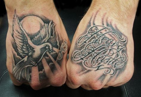 I don't get to do a lot of hands. Dove and script that says "Heavy Hustle." Fun stuff!! Thanks for looking! Dove Hand Tattoo, Bird Hand Tattoo, Tattoo Font For Men, Bird Tattoo Men, Dove Tattoo Design, Dove Tattoos, Tattoo Trend, Cloud Tattoo, Text Tattoo