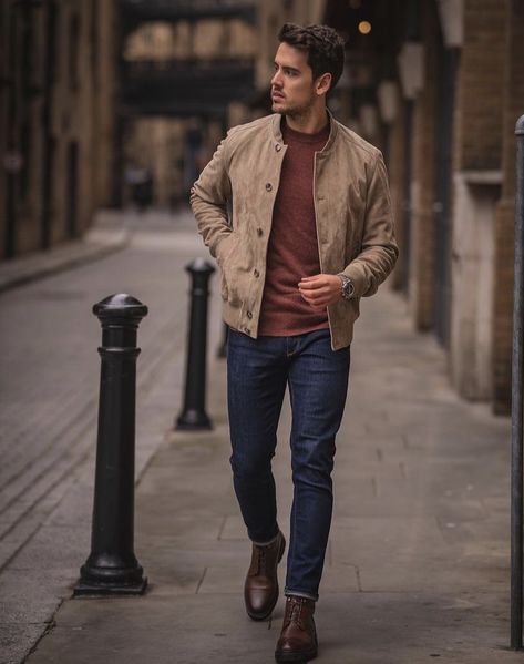 Men Capsule Wardrobe Casual, Blue Jeans Brown Boots Outfit Men, Men’s Brown Boots Outfit, Dark Brown Boots Outfit Men, Soft Autumn Outfits Men, Americana Outfits Men, Fall Business Casual Outfits Men, Men Thanksgiving Outfit, Grey Jeans Outfit Men