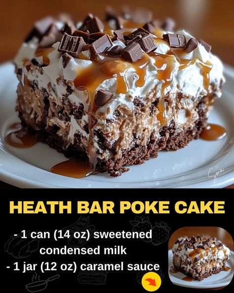 Heath Bar Poke Cake Heath Bar Poke Cake, Toffee Poke Cake, Heath Cake, Heath Bar Cake, Heath Bar, Box Chocolate, Poke Cake Recipes, Doughnut Cake, Poke Cakes