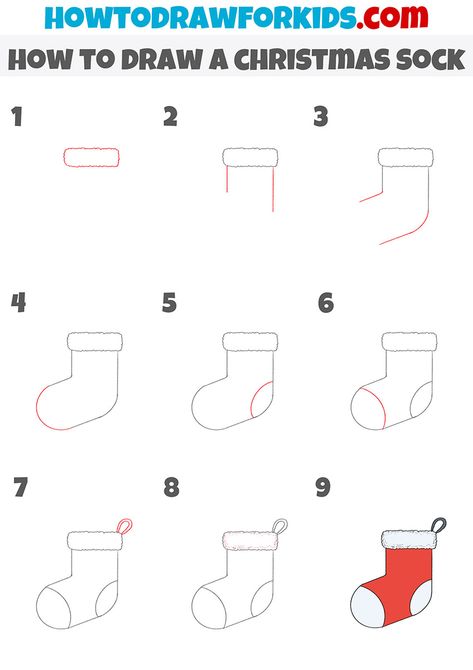 how to draw a christmas sock step by step1 How To Draw A Christmas Stocking, How To Draw Holiday Stuff, How To Draw A Mistletoe, How To Draw A Stocking, Thanksgiving Doodles Easy Step By Step, Christmas Sock Drawing, Diy Christmas Drawings, Step By Step Drawing Christmas, How To Draw Socks