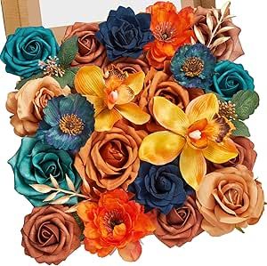 Serwalin Teal & Burnt Orange Artificial Flowers Combo Fake Cake Flowers for DIY Wedding Bridal Bouquet Centerpieces Floral Arrangement Party Fall Decor Baby Shower Home Decorations Terracotta Flowers, Centerpieces Floral, Flower Sign, Fall Forest, Home Floral Arrangements, Cake Flowers, Artificial Flower Bouquet, Foam Roses, Fake Cake