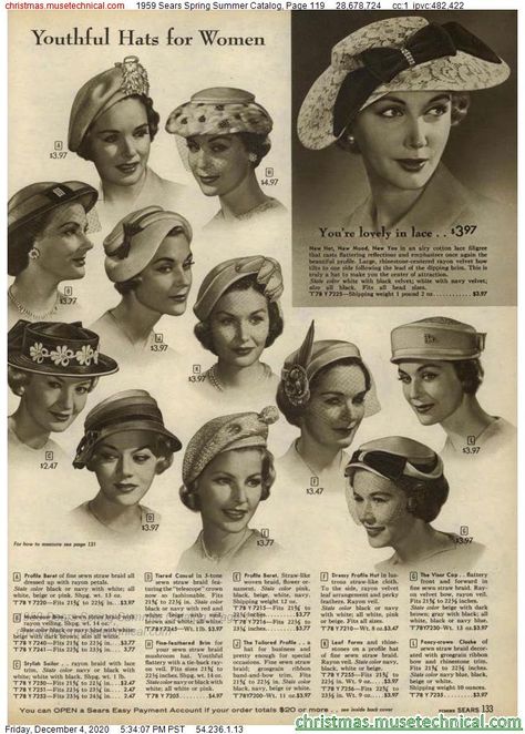 1950s Summer, 1950s Hats, 1960s Hats, Fashion 1950, Barbie Hat, 1950 Fashion, Sears Catalog, Women Hats Fashion, The Time Machine