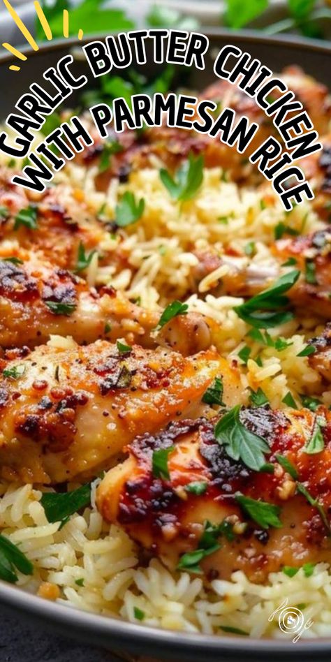 Garlic Butter Chicken with Parmesan Rice Garlic Butter Chicken And Parmesan Rice, Easy Dinner Recipes For Boyfriend, Dishes With Rice Dinners, Good Healthy Chicken Recipes, Chicken With Parmesan Rice, Garlic Chicken And Rice Recipes, Recipes With Garlic Butter, Gluten Free Chicken Bake, Chicken Rice Bakes