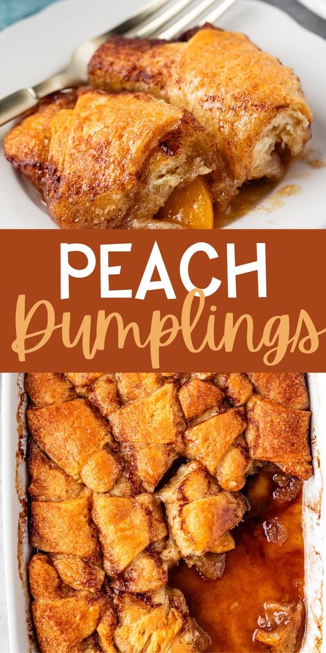 Try our Peach Dumplings recipe! Made with canned peaches, crescent roll dough, and a hint of lemon-lime soda, it's the perfect easy dessert to satisfy your summer cravings. Peaches Crescent Rolls, Grandbaby Cakes Peach Dumplings, Crescent Roll Peach Cobbler, Crescent Roll Peach Dumplings, Recipe With Crescent Roll Dough, Peach Dumplings With Crescent Rolls Easy, Dessert Recipes With Crescent Rolls, Peach Cobbler Crescent Rolls, Peach Crescent Roll Recipes Dessert