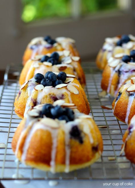 Blueberry Almond Mini Bundt Cakes - Your Cup of Cake Mini Bunt Cake, Blueberry Cakes, Mini Bundt Cakes Recipes, Citrus Glaze, Blueberry Bundt, Blueberry Wine, Mousse Au Chocolat Torte, Blueberry Bundt Cake, Mini Torte