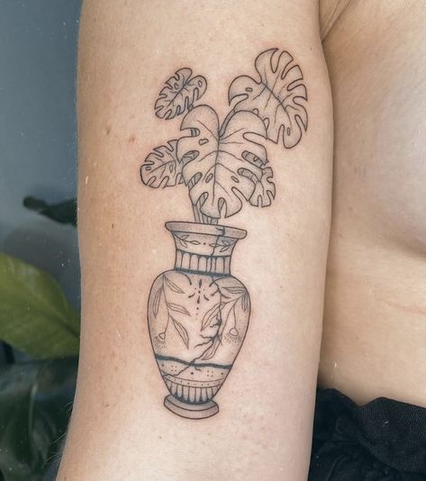 Vase With Leaves Tattoo, Vase With Plant Tattoo, Snake Plant Tattoo Simple, Broken Vase With Flowers Tat, Medusa Vase Tattoo, Mexican Vase Tattoo, Plant In A Pot Tattoo, Kintsugi Vase Tattoo, Plant In Vase Tattoo