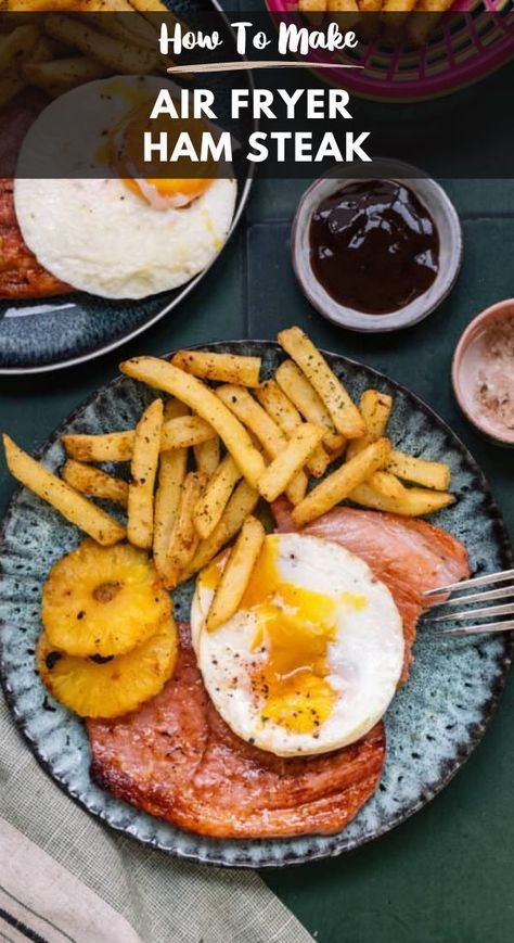 Delicious Air Fryer Ham Steak (or Gammon Steak) in under 10 minutes! A great breakfast, brunch or lunch option that’s super quick and easy. Serve with pineapple rings, eggs and fries for a slice of pure nostalgia! How To Cook Gammon, Air Fryer Ham, Steak On Stove, Gammon Steak, Ham Steak Recipes, Gammon Recipes, Cooked Pineapple, Ham Steak, Ham Dinner